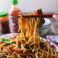 Picking up beef lo mein with chopsticks, aedison.aieoederdu.tk